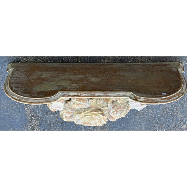 Large Hand-Carved Distressed Wood Floral Wall Shelf Corbel Console French Country Style For Sale - Image 4 of 11