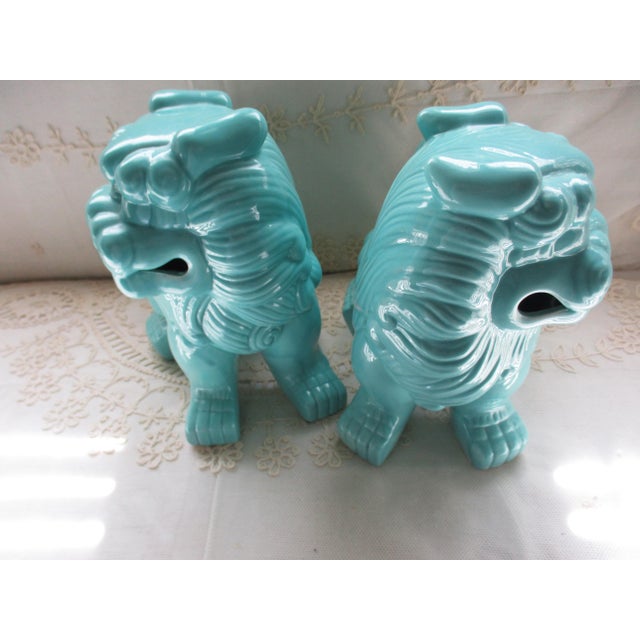 Ceramic Pair Vintage Turquoise Chinese Jingdezhen Porcelain Foo Lions 9.5" For Sale - Image 7 of 11