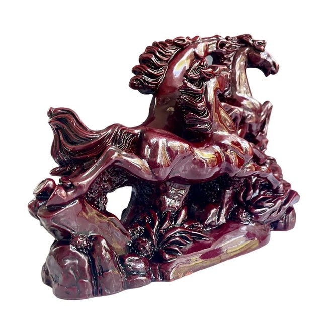 1980s VintageRed Running Horses Sculpture, Large Chinese Lucky Stallions Sculpture, Feng Shui Decor For Sale - Image 5 of 10