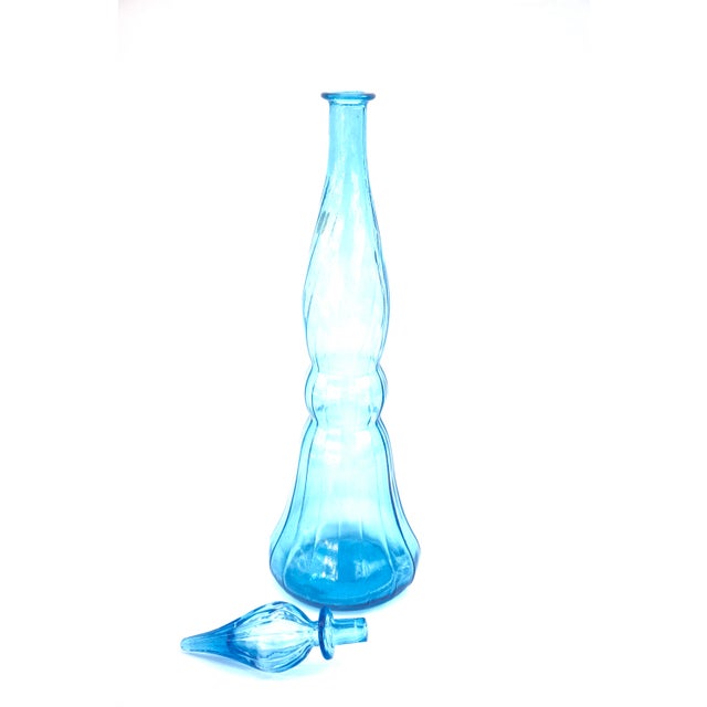 Mid Century Floor Decanter Blue Art Glass Genie Bottle Retro