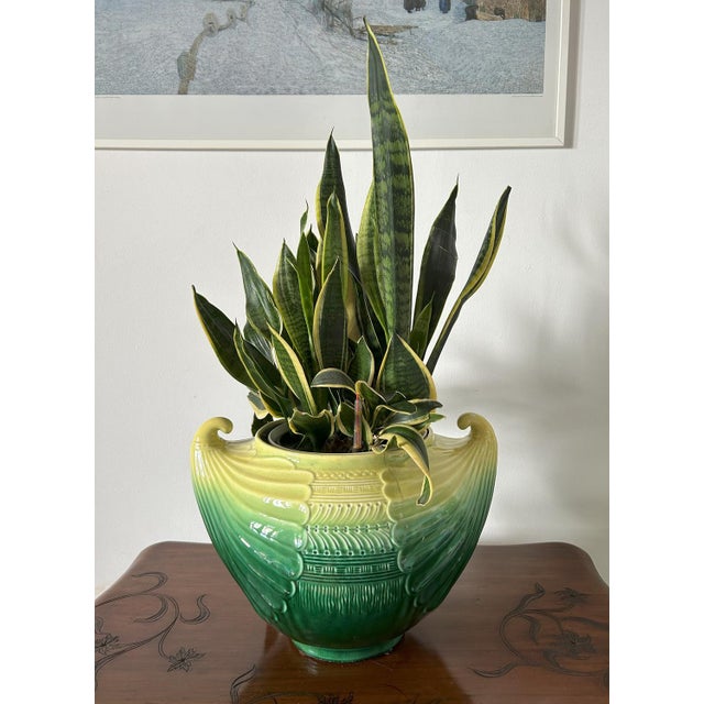 Art nouveau green and yellow ceramic cachepot by christopher dresser for s.c.i. Laveno, italy, ca. 1910 a large early...