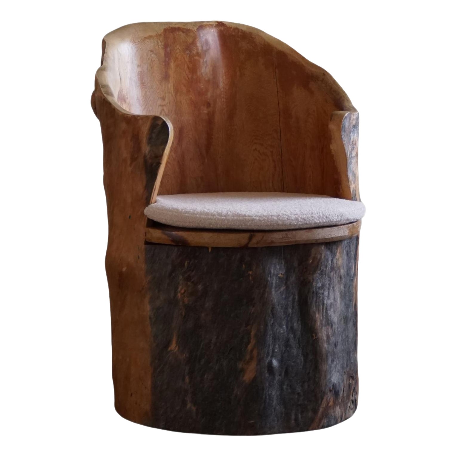 Brutalist Hand-Carved Stump Chair in Pine in the style of Wabi