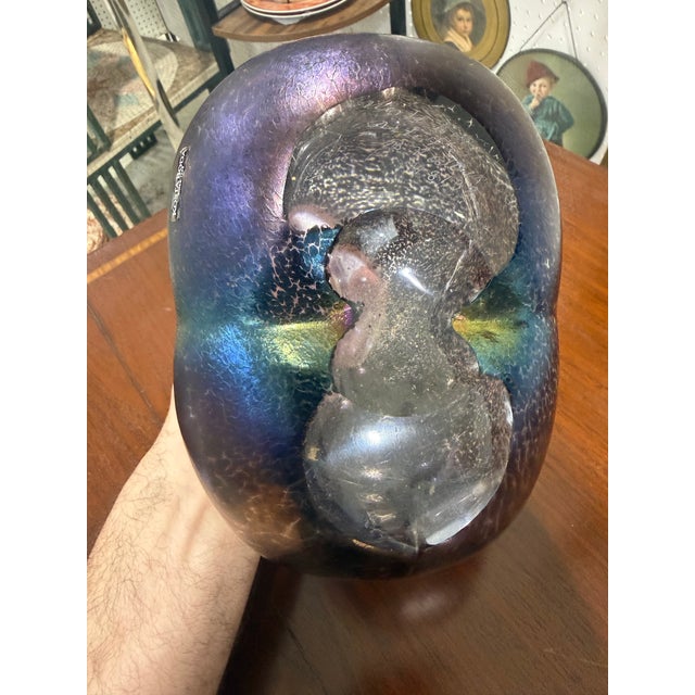 1990s Signed Kosta Boda Sweden Iridescent Art Glass Volcano Bertil Vallien Vase 8.25" For Sale - Image 5 of 6