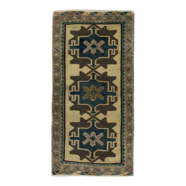 1960s Brown & Blue Vintage Turkish Mini Rug 1'8" X 3'2" For Sale