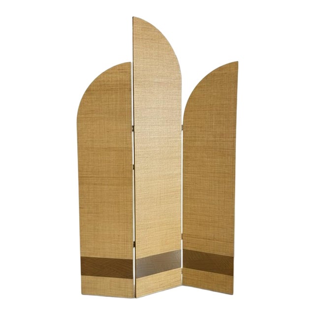 Mid Century Grasscloth Three Panel Room Divider Screen For Sale
