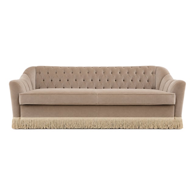 Dorothy Draperinspired Tufted Velvet Sofa with Cream Fringe from Kabinet For Sale