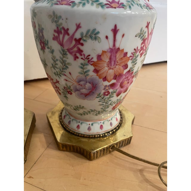 Vintage Chinese Export-Style Famille Rose Porcelain Vase Mounted Table Lamps - a Pair For Sale - Image 4 of 12