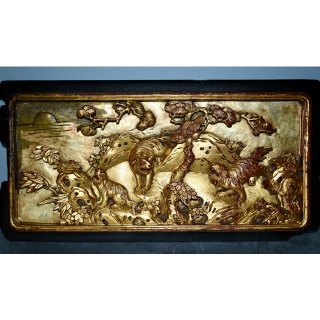 Antique Chinese Carved Figural Wood Plaque in Black & Gilded Finish For Sale - Image 4 of 11