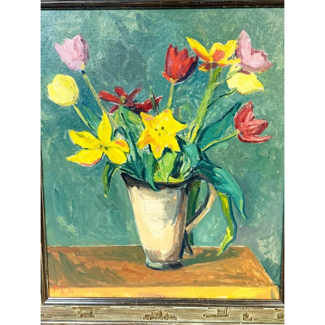 European Modernist Spring Still Life with Daffodils and Tulips, Signed "PS '41" For Sale - Image 12 of 15