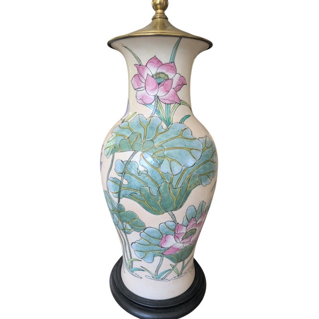 Metal Antique Chinoiserie Porcelain Enamel Lotus Flower Vase Lamp For Sale - Image 7 of 18