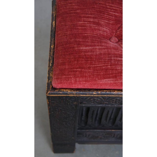Black English Bench with Wood Carvings and Red Fabric Padded Seat For Sale - Image 8 of 12
