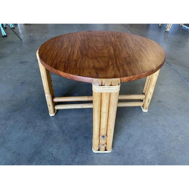 Wood Restored Circular Rattan Side Coffee Table With Koa Wood Top For Sale - Image 7 of 11