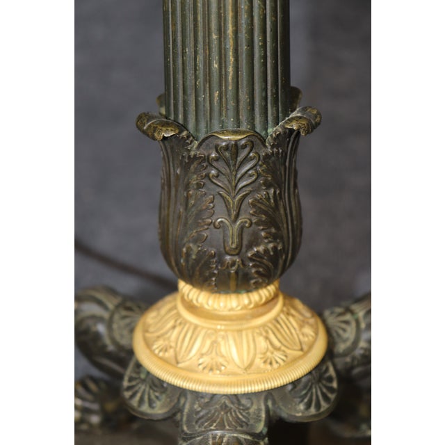 Pair of Antique Candlestick French Empire Patinated and Gilt Bronze Table Lamps For Sale - Image 9 of 9