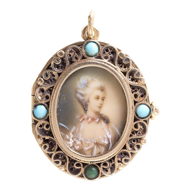 Vintage 14k Gold Lady Portrait Turquoise Locket Pendant For Sale