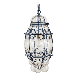 Large Mid-Century Italian Rustic White Glass & Wrought Iron Pendant Light For Sale