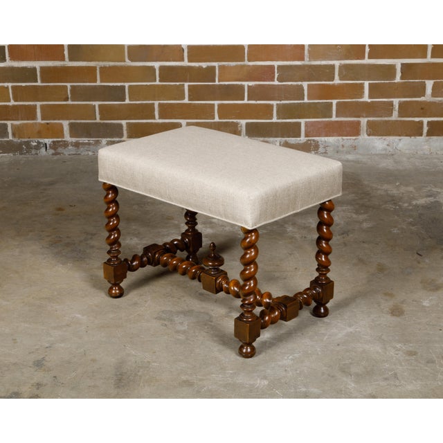 French 19th Century Barley Twist Stool with Finial and Custom Linen Upholstery For Sale - Image 9 of 12