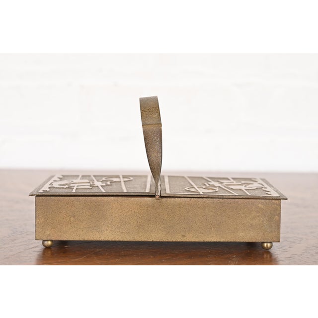 Heintz Art Metal Shop Silver Crest Arts & Crafts Nautical Bronze Humidor Cigar Box With Handle For Sale - Image 4 of 12