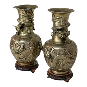 Pair Antique Japanese Bronze Vases on Wood Stands