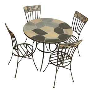 Hand Crafted Forged Iron & Stone Round 5 Piece Table + 4 Chairs Dining Set
