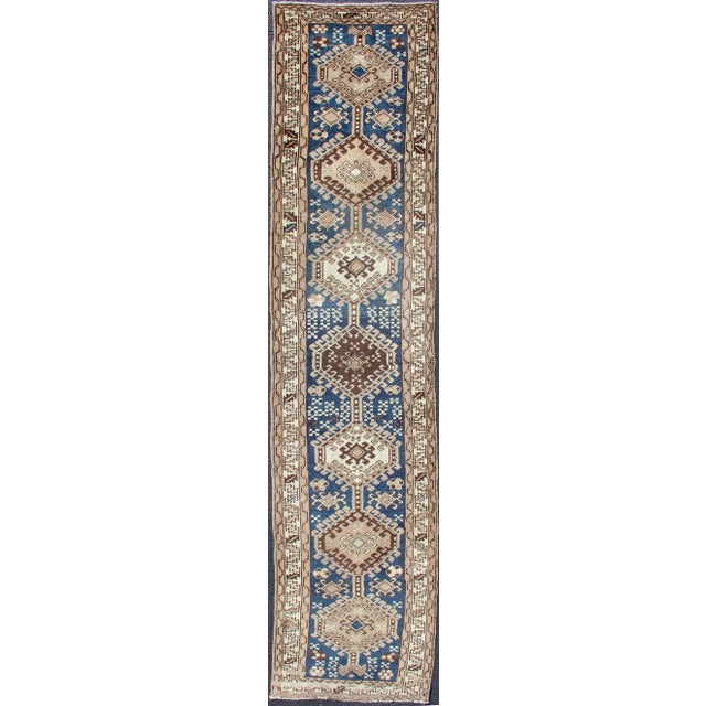 Antique Blue Tribal Karajeh Runner With Navy Blue, Brown and Earth Tones For Sale - Image 13 of 13