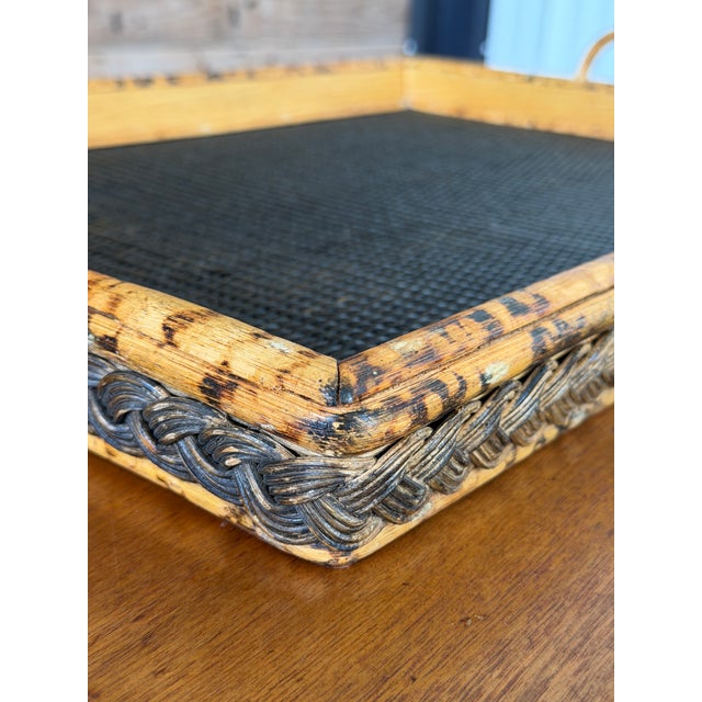 Vintage Scorched Bamboo and Woven Rattan Serving Tray For Sale In Naples, FL - Image 6 of 12