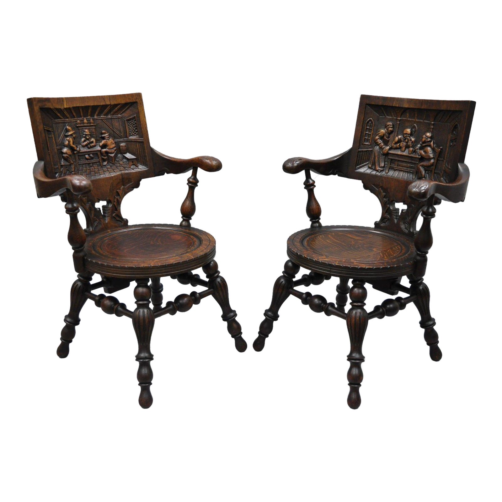 Antique German Carved Tiger Oak Drunken Monks Tavern Pub Arm