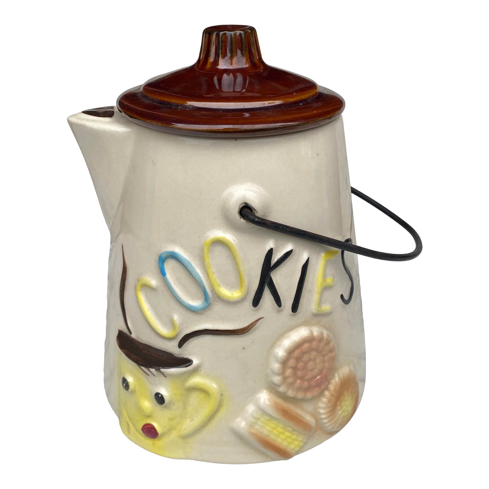 Vintage American Bisque Porcelain Coffee Pot Cookie Jar W/ Metal Handle