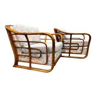 Vintage Coastal Style Rattan Club Chairs by Lane Ventura Furniture. C 1980s For Sale