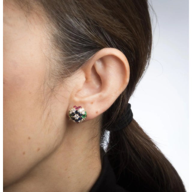 Modern Gemstone Cluster Earrings Dome Vintage 18k Yellow Gold Diamond Sapphire Ruby - 2 Pieces For Sale - Image 3 of 4