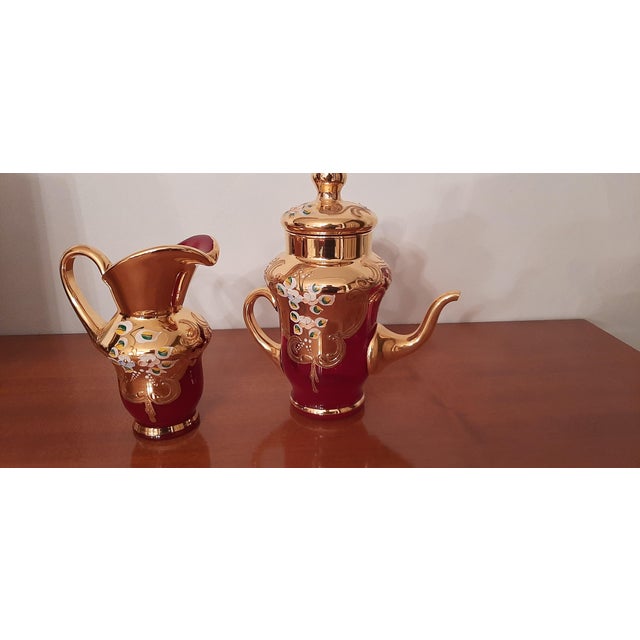 Tea/Coffee Set in Murano glass, gold and decorated ceramic, Tre Fiori Venezia Italia brand. This piece has an attribution...