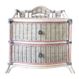 Boho Chic Pink and Gray Wicker Rattan Nightstand/Side Table For Sale