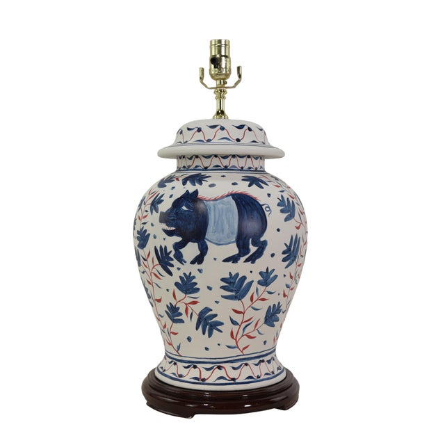 Vintage Brunschwig & Fils Cadiz Table Lamps - Blue and Cream Ceramic With Boar and Deer Motif For Sale - Image 11 of 11