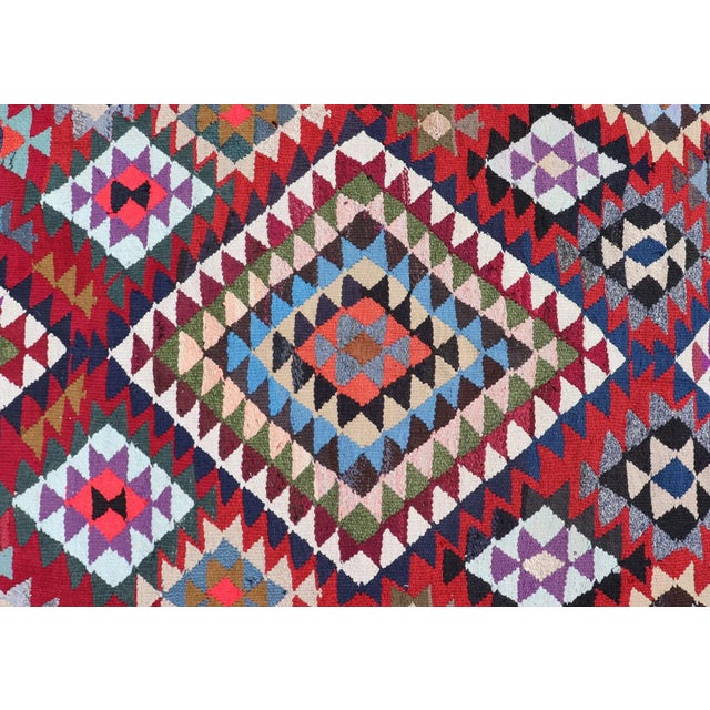 Textile Hand Woven Vintage Qashqai Persian Kilim Rug With Bold Geometric Diamonds in Red, Blue, and Multicolor 9'1 X 16' For Sale - Image 7 of 12