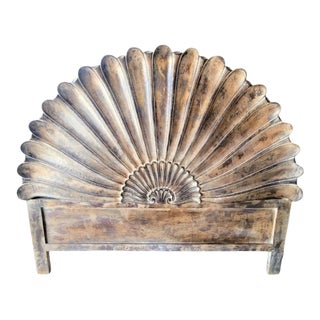 Rare Vintage Wood Carved Italian Seashell Form Queen Size Coastal Regency Headboard For Sale
