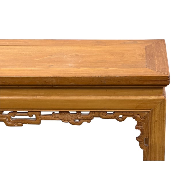 Vintage Oriental Light Brown Dragon Motif Apron Wood Bench Table For Sale - Image 11 of 13
