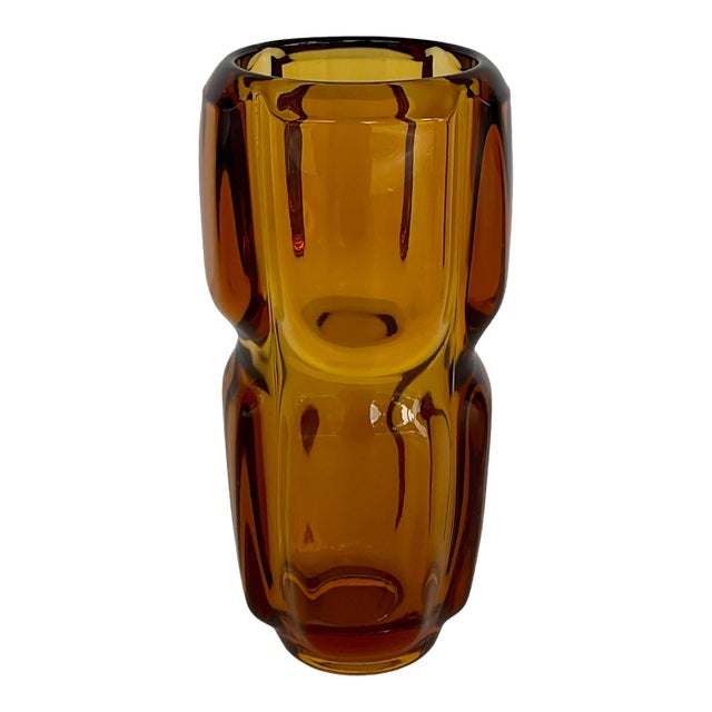 Vintage Mid-Century Modern Amber Maze Pattern Art Glass Vase by Frantisek Vizner For Sale