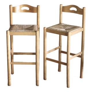 Set of 2 Lowenstein Style Stools With Woven Rush Seats and Handles For Sale