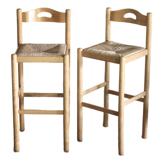 Set of 2 Lowenstein Style Stools With Woven Rush Seats and Handles For Sale