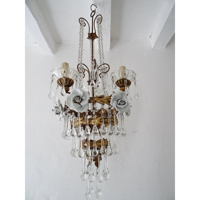 Italian Tiered Tole White Roses Murano Drops Chandelier, Circa 1930 For Sale - Image 11 of 12