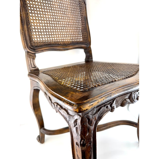 Wood Antique Louis XV Style Carved Walnut Caned Side Chair With Floral Crest For Sale - Image 7 of 13
