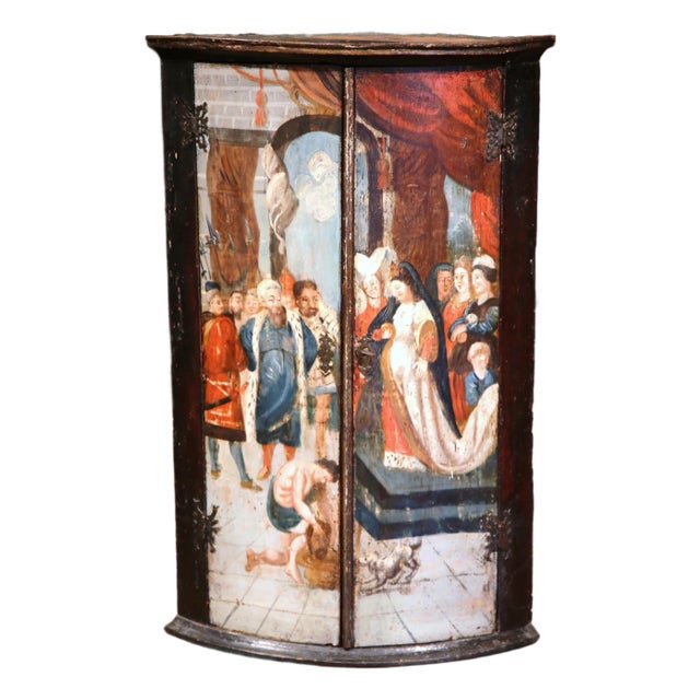 18th Century Italian Painted Corner Cabinet With Biblical Court Scene For Sale