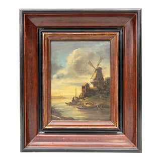 Antique Oil Painting Dutch School Landscape With Windmill on a Canal For Sale