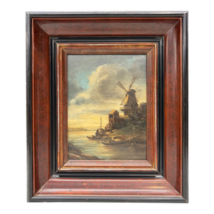Antique Oil Painting Dutch School Landscape With Windmill on a Canal