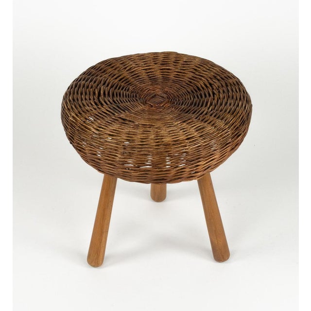 Mid-Century Modern Mid-Century Modern Wicker and Wood Tripod Stool by Tony Paul, 1950s For Sale - Image 3 of 18