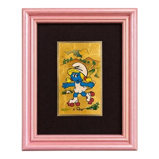Vintage Italian Peyo Smurfette 23k Gold Leaf Miniatures, Set of 10** a Wonderfully Playful and Unusual Set of 10 Vintage Framed Smurfette Artworks For Sale