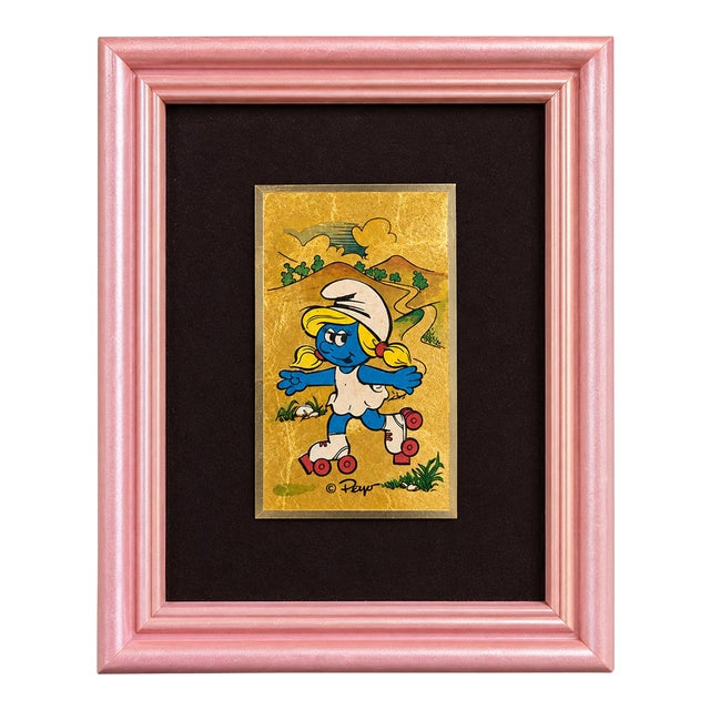 Vintage Italian Peyo Smurfette 23k Gold Leaf Miniatures, Set of 10** a Wonderfully Playful and Unusual Set of 10 Vintage Framed Smurfette Artworks For Sale