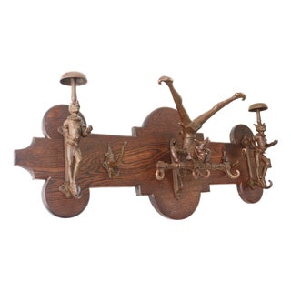 Victorian Oak Wall Coat Rack with Cast Iron, 1890s For Sale
