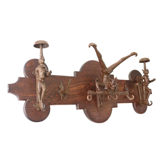 Victorian Oak Wall Coat Rack with Cast Iron, 1890s For Sale