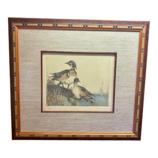 1980s Rachel H. Badeau Original Wood Duck Wildlife Etching Hand Painted Inlaid Frame For Sale