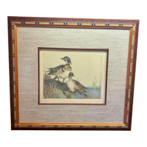 1980s Rachel H. Badeau Original Wood Duck Wildlife Etching Hand Painted Inlaid Frame